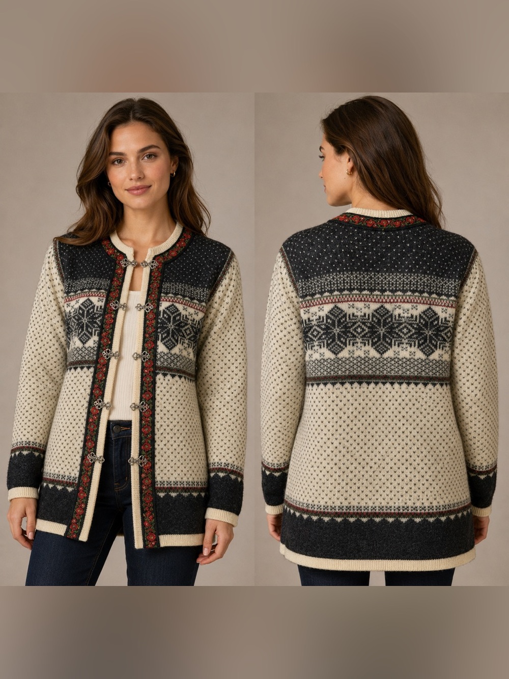 SQUAW VALLEY Cream Black Red WOOL Women Long Sleeve Cardigan Size S